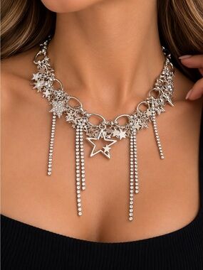 Silver star Charm Chain Choker Necklace/ Gothic Y2K Layered Statement Necklace